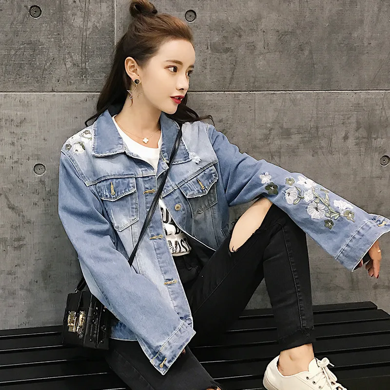 Rlyaeiz England Style Jacket Women 2018 Spring Floral Embroidery Long Sleeve Short Denim Jackets Female Jeans Clothing | Женская одежда