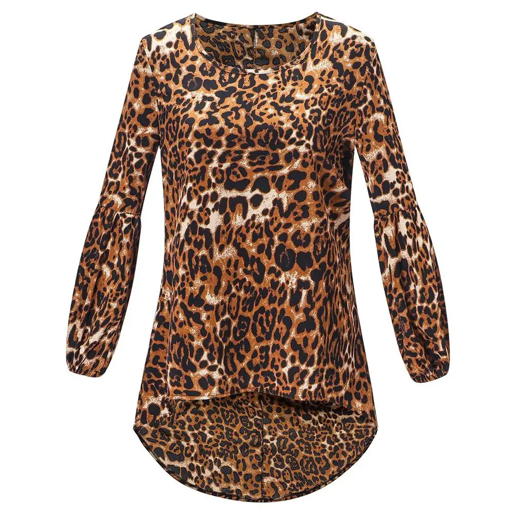Yiwa Women Sexy Leopard Printing Long Bubble Sleeve Round Neck Irregular Casual Shirt Ladies Tops Plus Size |