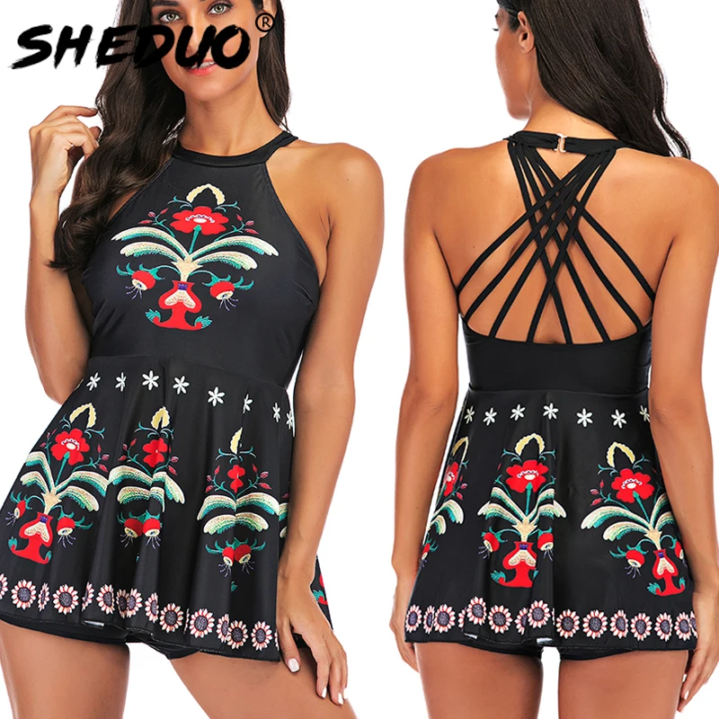 Купи Plus Size Swimwear Dress Halter Beach Wear Print Crossed Straps Two piece Brazilian Sexy Women Tankini Swimsuit 2019 New за 722 рублей в магазине AliExpress