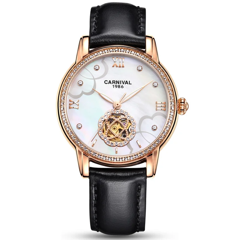 Модные женские наручные часы Tourbillon автоматические часы женские карнавальные механические часы MIYOTA кожаный ремешок светящийся Relogio femenino - Цвет: Black Leather Gold