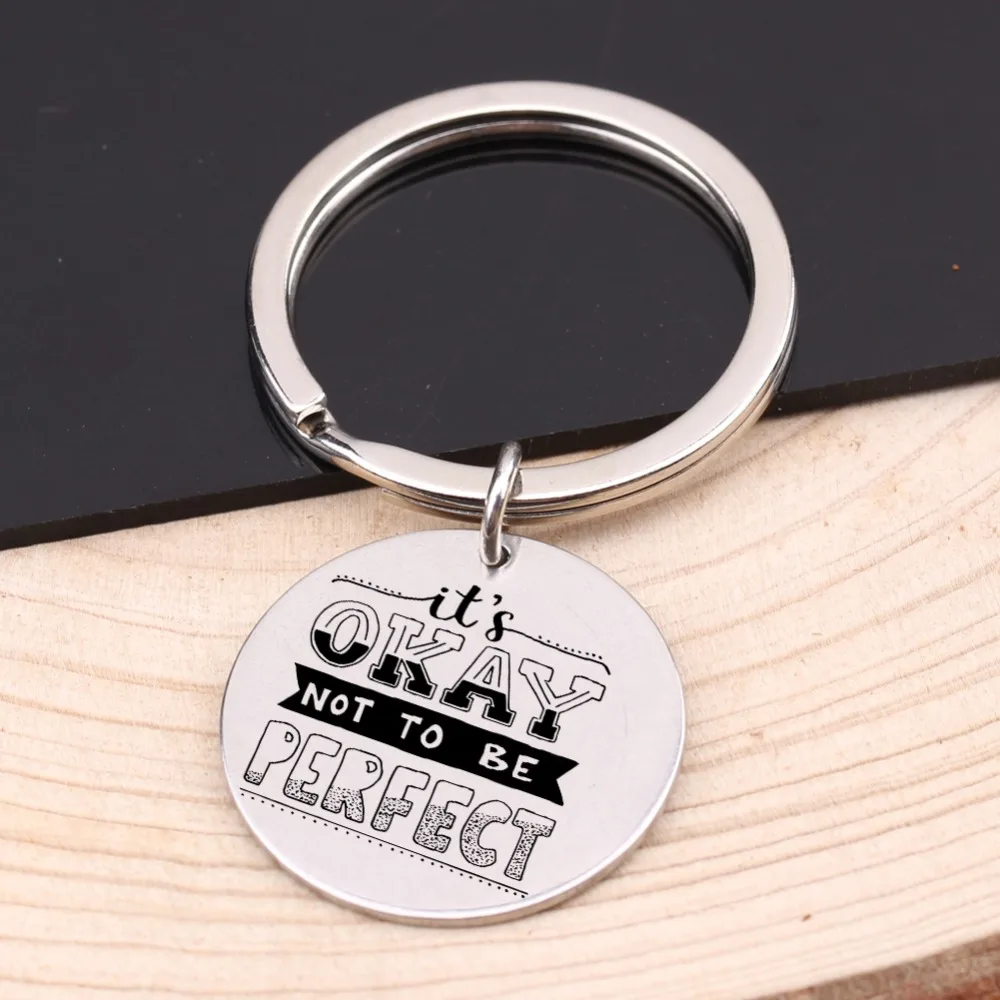 For Couple Friends Lovers Keychain Engraved &quotIt's Okay Not To Be Perfect&quotJewelry Keyrings Fashion Motivational Key Pendant Gift |