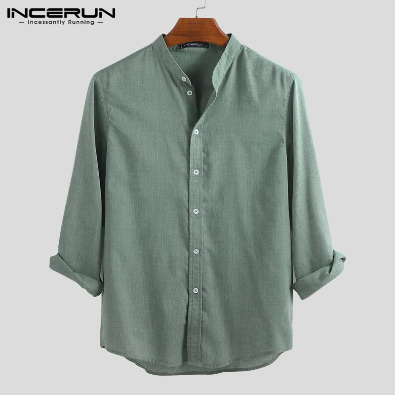 INCERUN Новая мужская рубашка воротник-стойка с длинным рукавом простая Camisa Masculina Уличная Повседневная шикарная Свободная рубашка мужская плюс размер