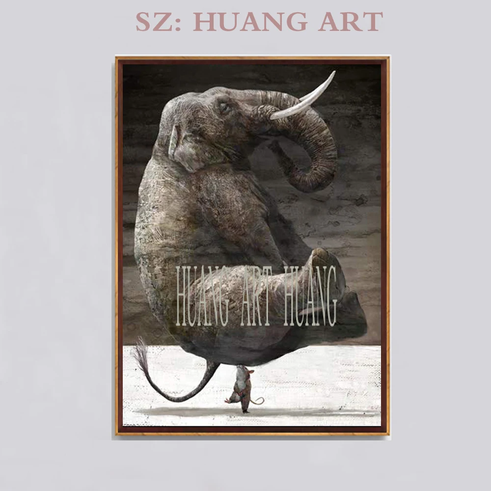 

Handmade Mouse Head Up Elephant Modern Oil Painting Animal Canvas Paintings Wall Art for Living Room Decoration Picture