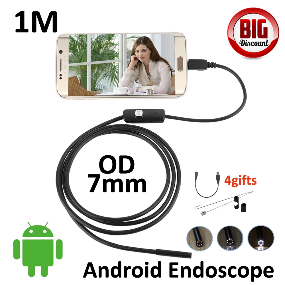 7mm 1M Android USB Endoscope Camera IP67 Waterproof Flexible Snake Tube Inspection Micro Borescope | Безопасность и защита