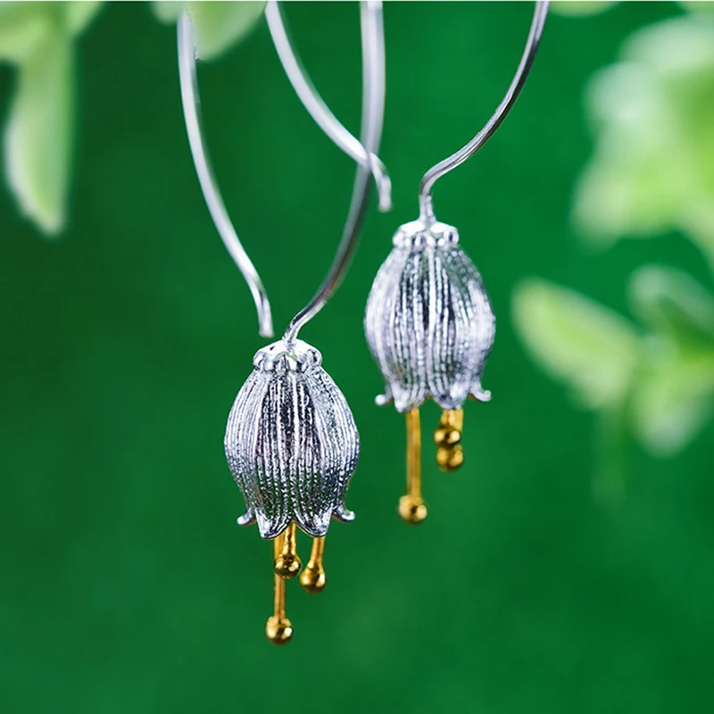 Женские серьги подвески Lotus Fun из серебра 925 пробы с цветком и колокольчиком|earrings