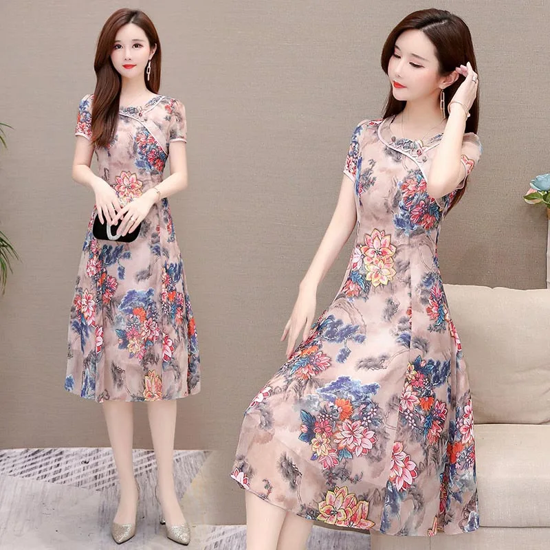 Pink Летнее платье lmpasted Cheongsam PlusSize платье Элегантное Цветочное платье шифоновые платья для женщин похудение возраст платья - Цвет: Pink