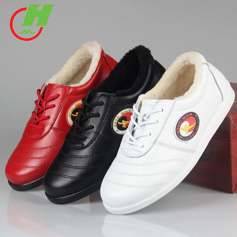 winter Cowhide Leather  Tai Chi Shoes Martial Art Performance warm Shoes Taiji Boxing Practice Shoes Free Flexible