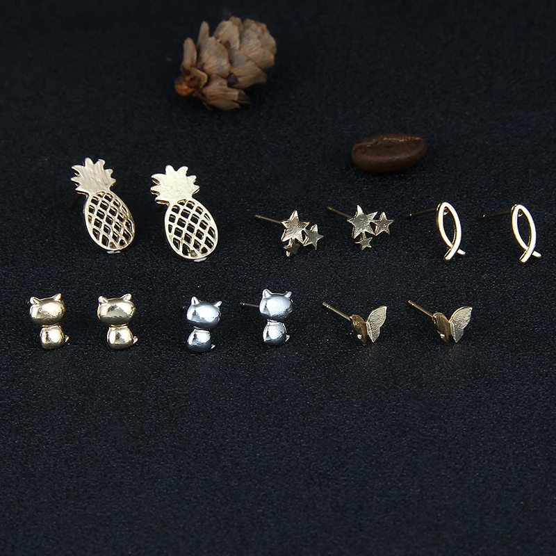 Набор серег гвоздиков из сплава в виде ананаса 6 пар|pineapple stud earrings|stud earringsstud earrings for