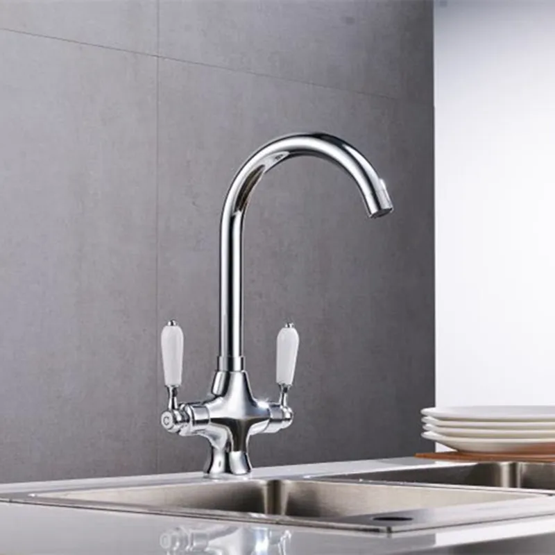 Смеситель кухонный черный с двойной ручкой кран для раковины горячей и холодной