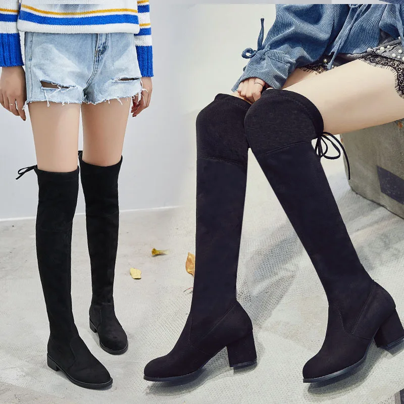 Med Slip-On Fashion Women Over-the-Knee Boots Flock Round Toe Sewing Long Thigh Solid Platform Square Heel Winter Shoes | Обувь