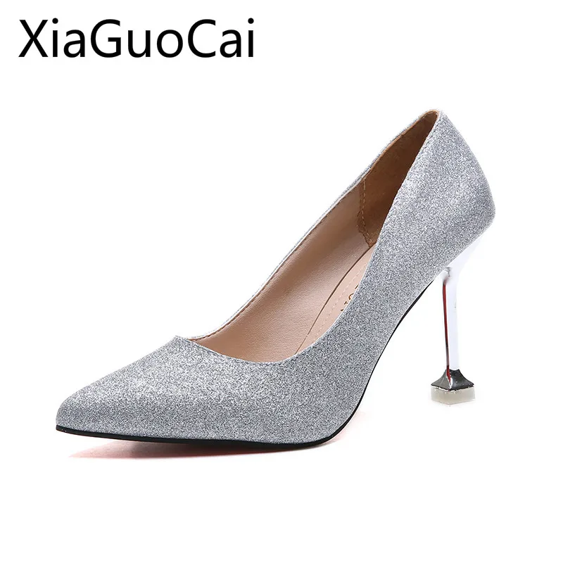 Ins Girls High-heeled Shoes Fashion Women Wedding Wild Pointed Toe Shallow Mouth Silver Sequins Thin Heels | Обувь