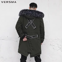 versma 2018 japanese harajuku oversized long youth winter jackets coats parkas men hip hop ribbon patchwork fur collar men parka
