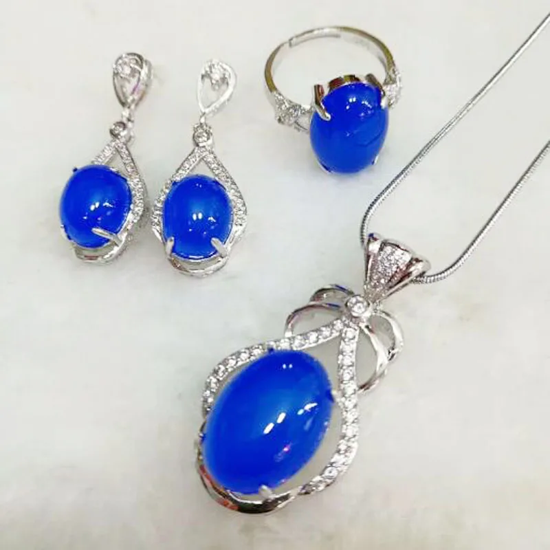 blue Yu Xin Yuan Fine Jewelry 925 Серебряный инкрустированный натуральным зеленым халцедоном Овальный Кулон Кольцо Rop серьги три штуки - Цвет камня: blue