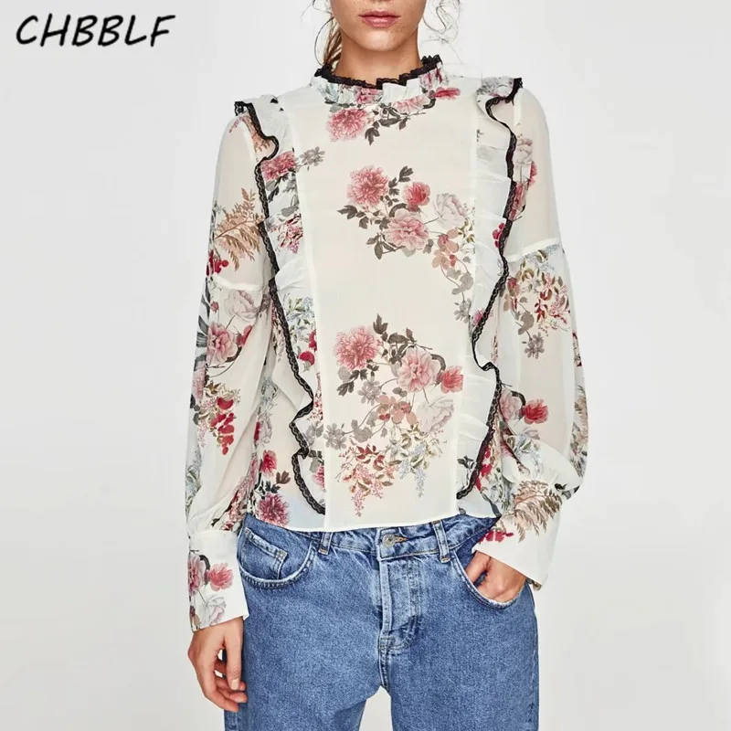 

New European flower print Lady Tops long Sleeve Ruffles Casual Blusas XSZ1382