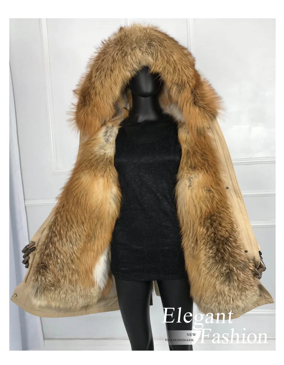Парки из настоящего меха для Для женщин зимняя верхняя одежда с red fox меховым воротником, с капюшоном, с подкладкой большой толстовка с принтом лисьей морды пальто с мехом Куртка Толстая теплая куртка для оптоволоконного кабеля
