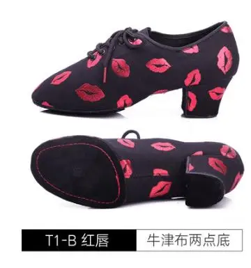 T1-B RED lips Кроссовки для латинских танцев; женская обувь из натуральной кожи; BD t1; обувь для учителя; Черный каблук 4,5 см; мужские и женские туфли из натуральной ткани с красными губами; тканевые сумки-оксфорды - Цвет: T1-B RED lips