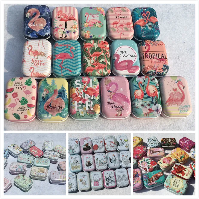 

32 Pieces/lot Cartoon Style Flamingo Cock Series Iron Tin Case Pill Box Mini Jewelry Candy Storage House Collectables Display