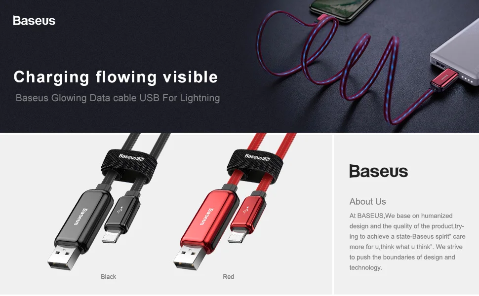 Светодиодный светящийся usb-кабель Baseus для iPhone Xs X 8 7 6, плоский струящийся кабель A для синхронизации данных, кабель для быстрой зарядки, провод, шнур для iPhone iPad