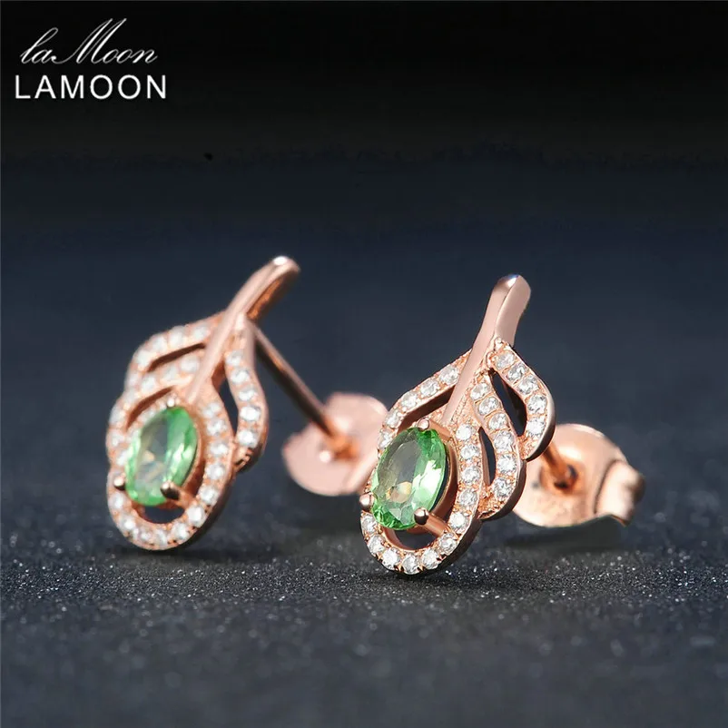 LAMOON S925 Серебряные серьги гвоздики классические листья 100% натуральный Зеленый