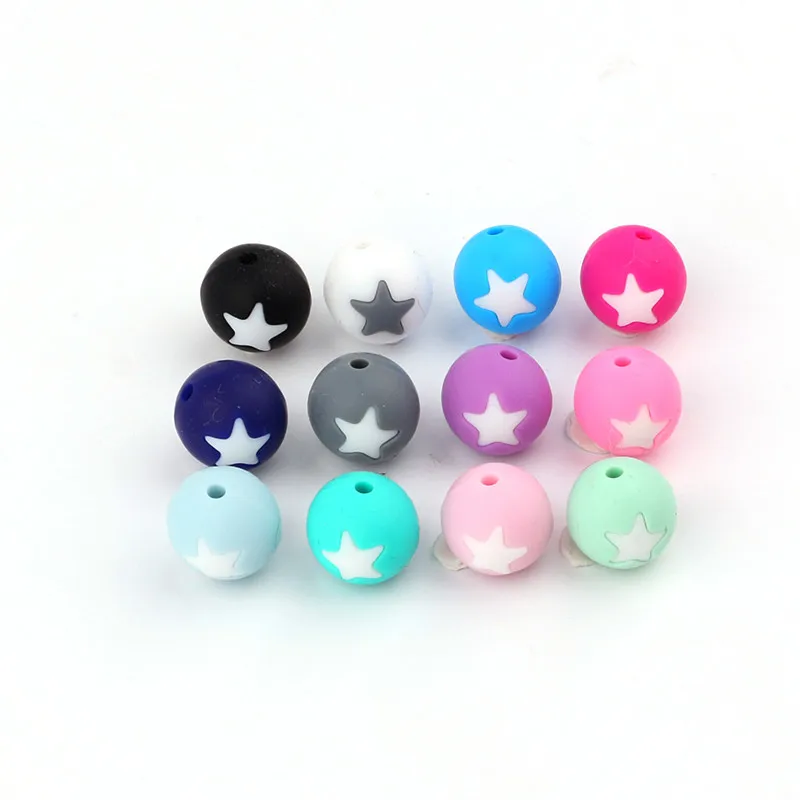 Random color 10PC TYRY. HU 10 шт. 15 мм круглые бусины со вставками в виде звезд, силиконовые бусины пищевого качества, BPA бесплатно для самостоятельного изготовления детских прорезывателей, ожерелья, подвески, подарки - Цвет: Random color 10PC
