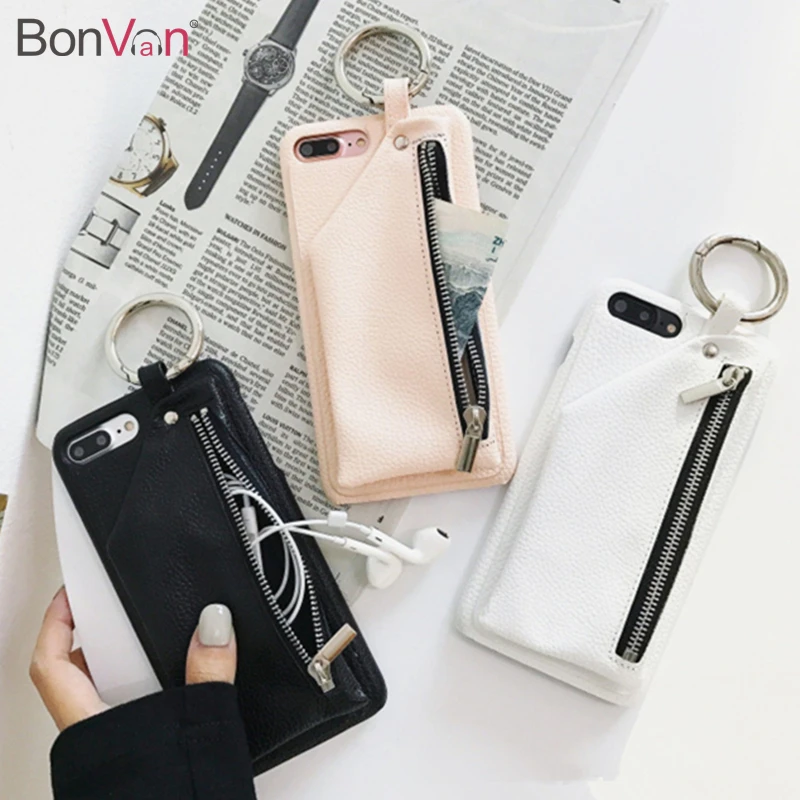 Bonvan чехол для iphone 8 X Case кожаный Luxury молния сумки кошелек смартфон бампер чехол на айфон X 7 6S 6 8 plus плюс сумка кольцо трудно PC задняя крышка случай защиты чехлы на телефон