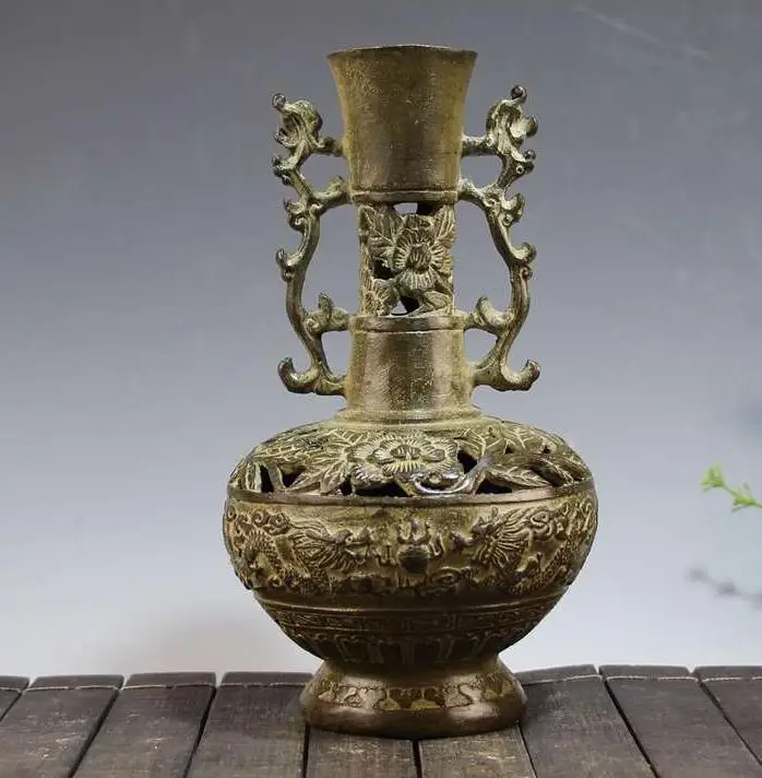 Античная Медная Ваза QingDynasty двойная бутылка из бисера с драконом ручная резьба