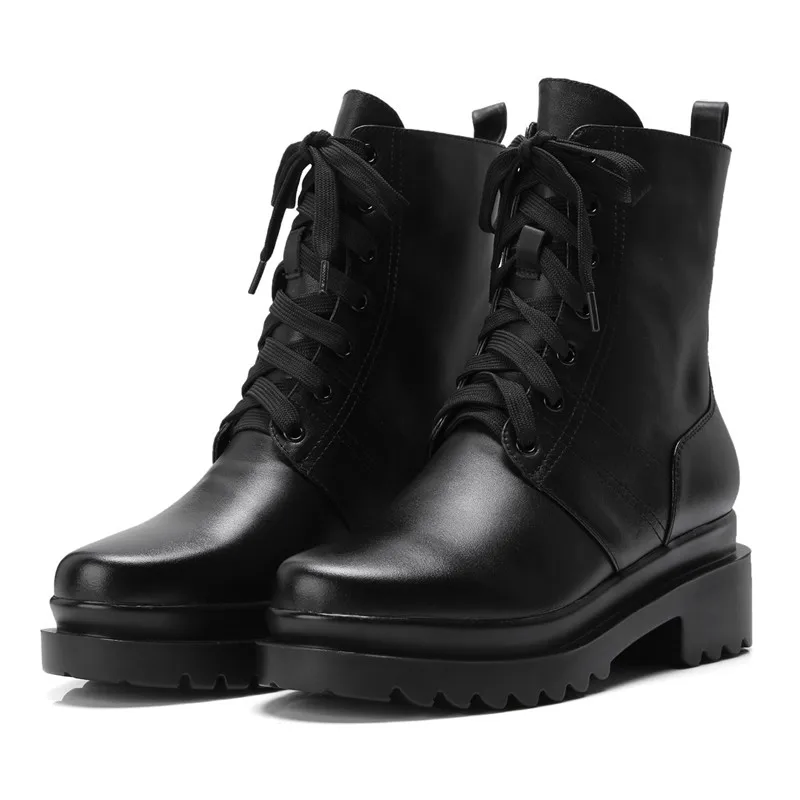 Murah ASUMER 2022 Sepatu Kulit Asli Baru Sepatu Bot Pergelangan Kaki Berenda Ujung Bulat Sepatu Prom Klasik Hak Persegi Sepatu Bot Wanita Musim Gugur Musim Dingin