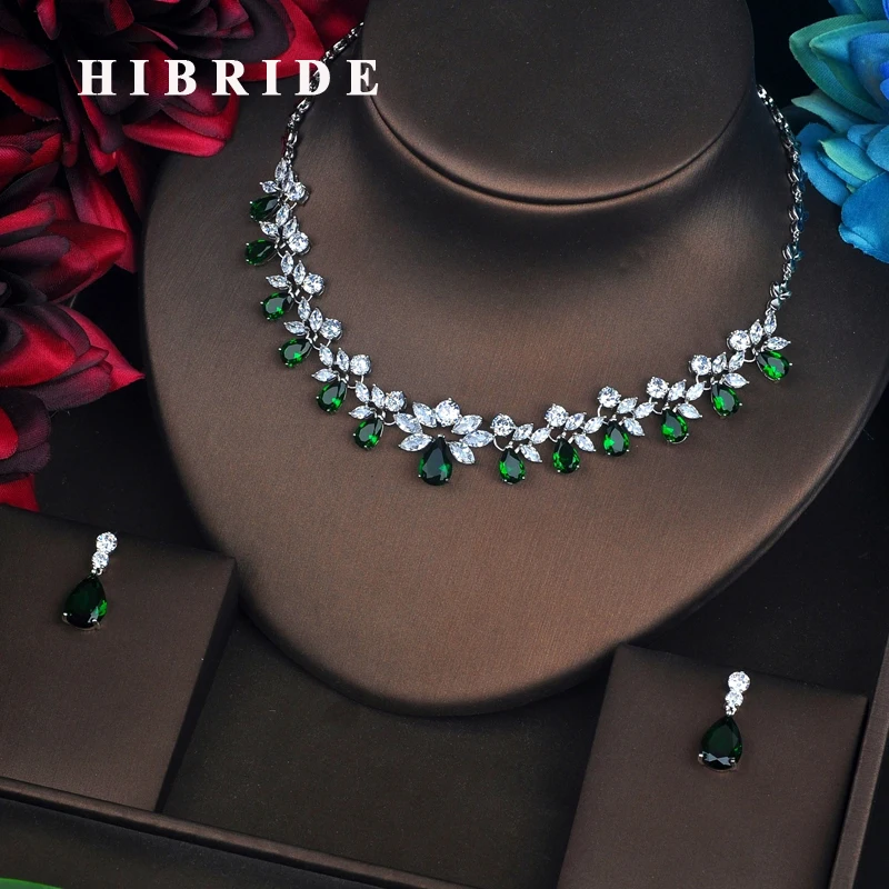 

HIBRIDE Flower Shape Green Stone Dubai Jewelry Sets For Women Pendant Set Dress Accessories Brilliant Jewelry Necklace Set N-581