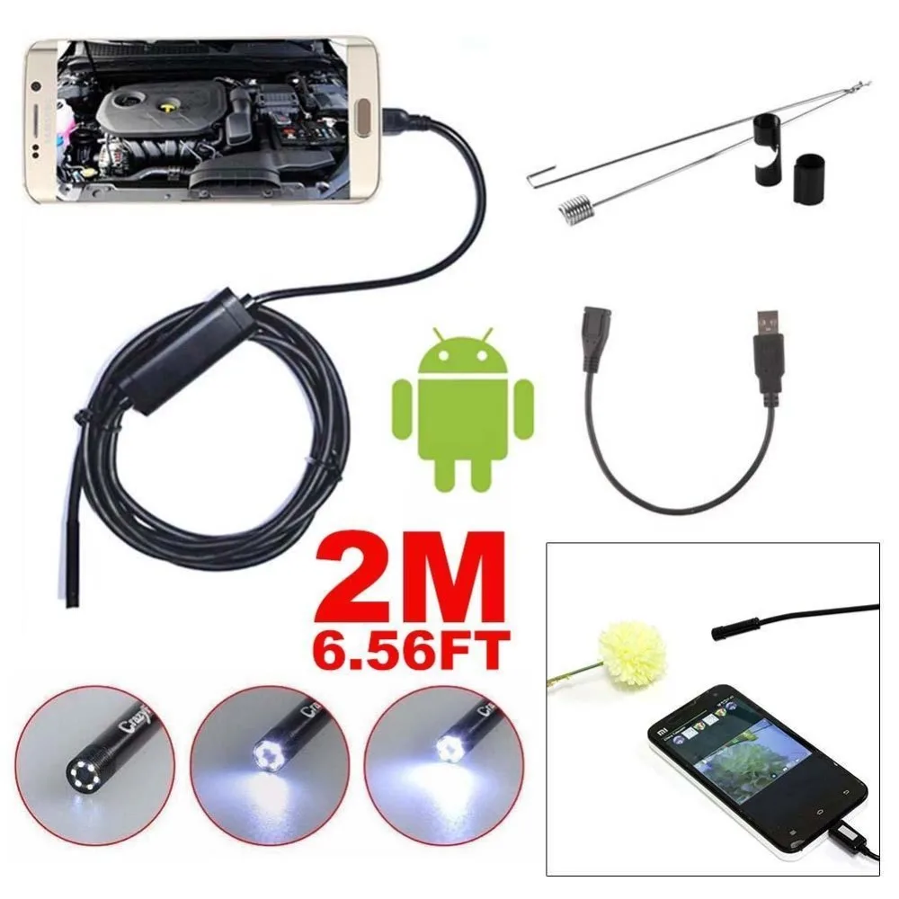 Length 2M 5.5 mm Video Camera 6 LEDs Android USB 1/9 CMOS Endoscope Waterproof Inspection Borescope Video Tube Camera Cable