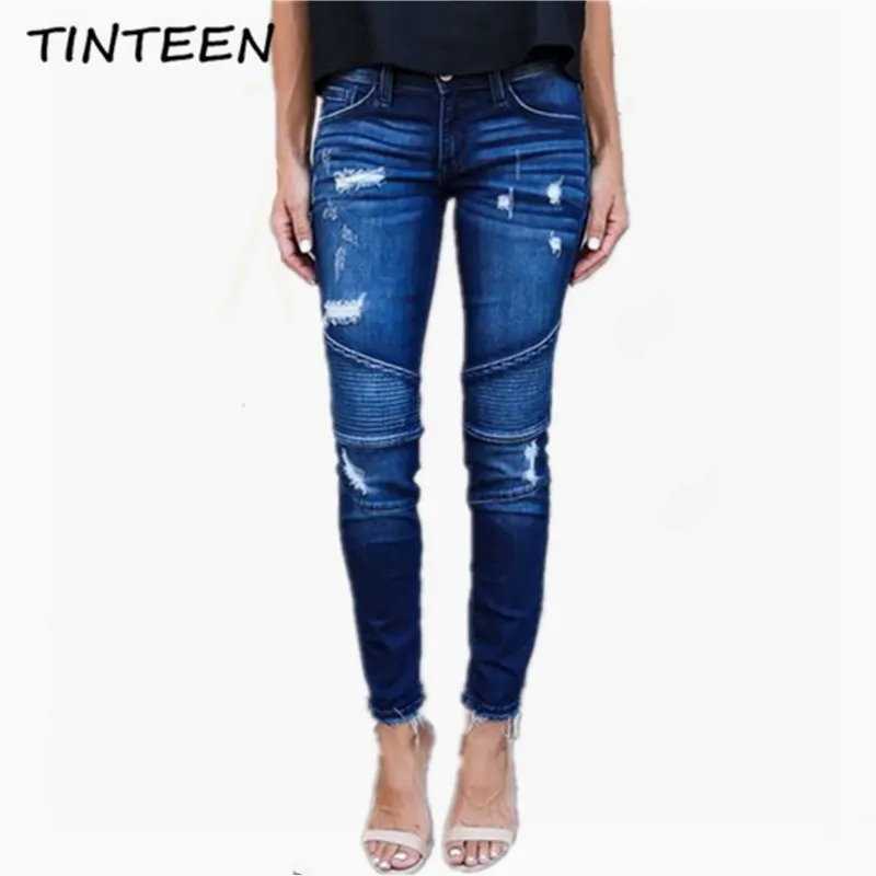 TINTEEN 2019 модные тонкие женские джинсовые штаны мотобрюки для женщин узкие джинсы