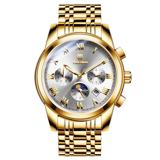 Gold white Механические часы TEVISE Skeleton Tourbillon, автоматические мужские классические механические наручные часы с золотой фазой Луны, Reloj Hombre - Цвет: Gold white