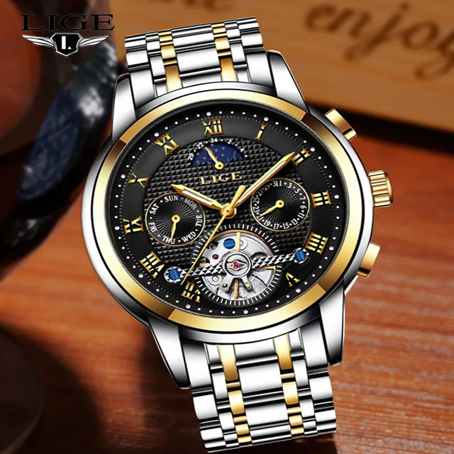 LIGE Luxury Brand Watch Men Casual Watches Mens Waterproof Automatic Mechanical Man Full Steel Sport Wristwatch 9851 | Наручные часы
