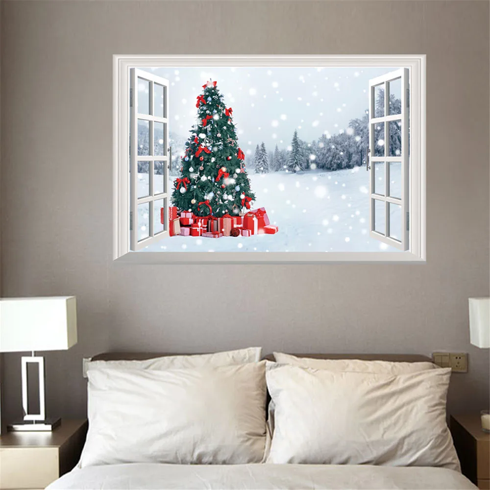 Merry Christmas 3D поддельные окна обои Санта Клаус Рождественская елка иллюстрация дома гостиная спальня арт деко стикер стены