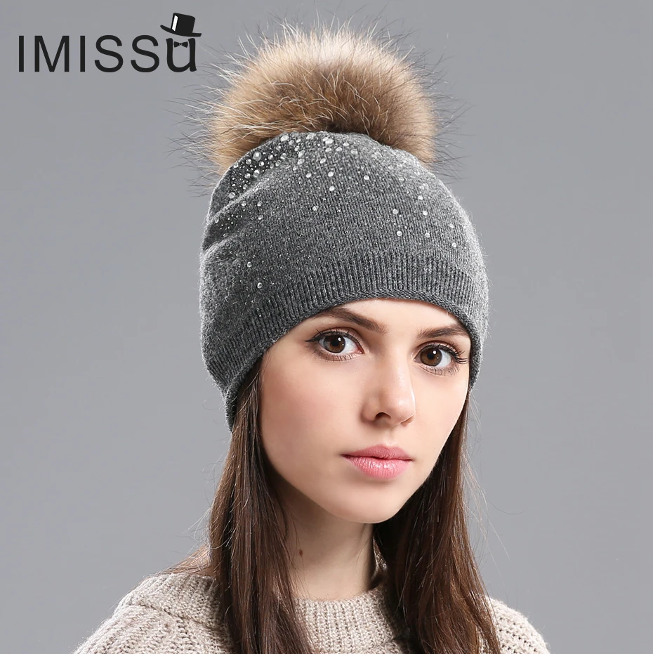 IMISSU женские Зимние Шапки Вязаные Шерстяные Случайный Маска Мех Енота Пом Hat