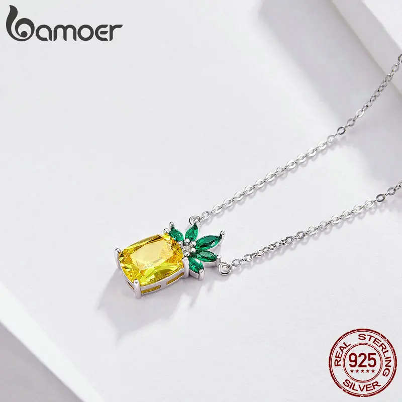 BAMOER, летний кулон с ананасом, ожерелье, S925 серебро, Большой кубический цирконий, фрукт, короткое ожерелье, s для женщин, массивное ювелирное изделие, BSN055