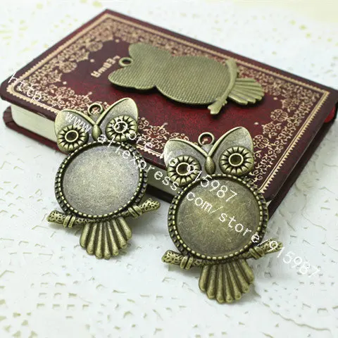 

Sweet Bell (15 pieces/lot) Antique Bronze Metal owl 29*44mm Fit 20mm Round Cabochon Pendant Setting Vintage Blank Charms 7C1181