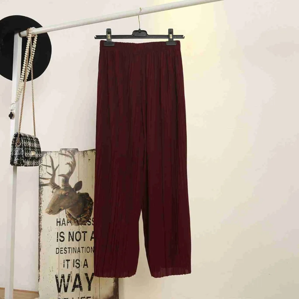 #1906 Summer Pantalon Femme Elastic Waist Chiffon Wide Leg Pants Ankle-length Loose Pleated High Skirts Big Size | Женская одежда