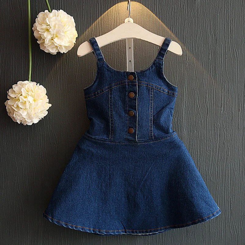 Children suspenders baby girls korean fashion Hawaii style backless denim blue spaghetti strap dress party cowboy a-line | Детская