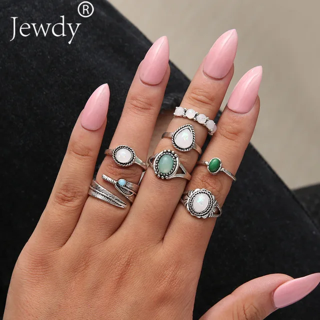 1122 50 стилей Boho Панк для женщин полые треугольные капли воды стрелка солнце драгоценный камень кристалл набор серебряных колец личность девушка ювелирные аксессуары - Цвет основного камня: 1122