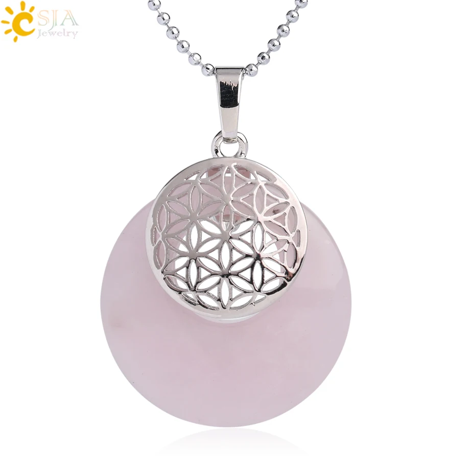 Rose Quartz CSJA натуральный камень кулон цветок жизни ожерелье рейки амулеты выдалбливают круг Подвески подходят для женщин мужчин Шарм ювелирные изделия G052 - Окраска металла: Rose Quartz