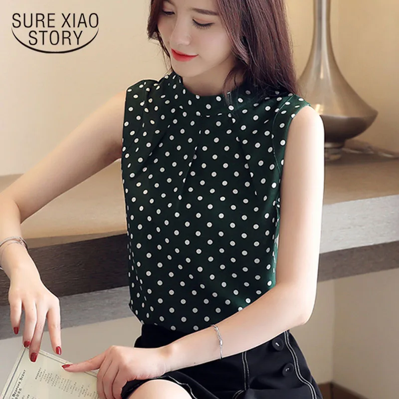 New summer Short sleeveless chiffon blouse Loose Women Tops Slim Fit Soft fashion Casual Chiffon O-Neck Lady shirt 4637 50 | Женская