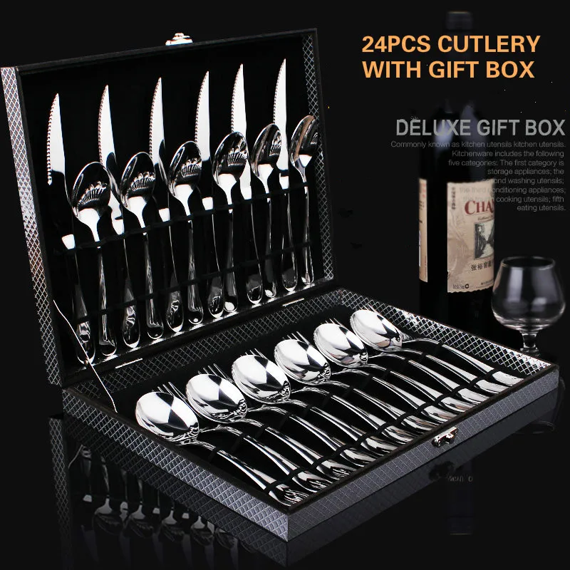 

Cutlery Tableware high quality fashion stainless steel steak Knives and Forks Ladles dinnerware gift set 24pcs set w/Gift Box