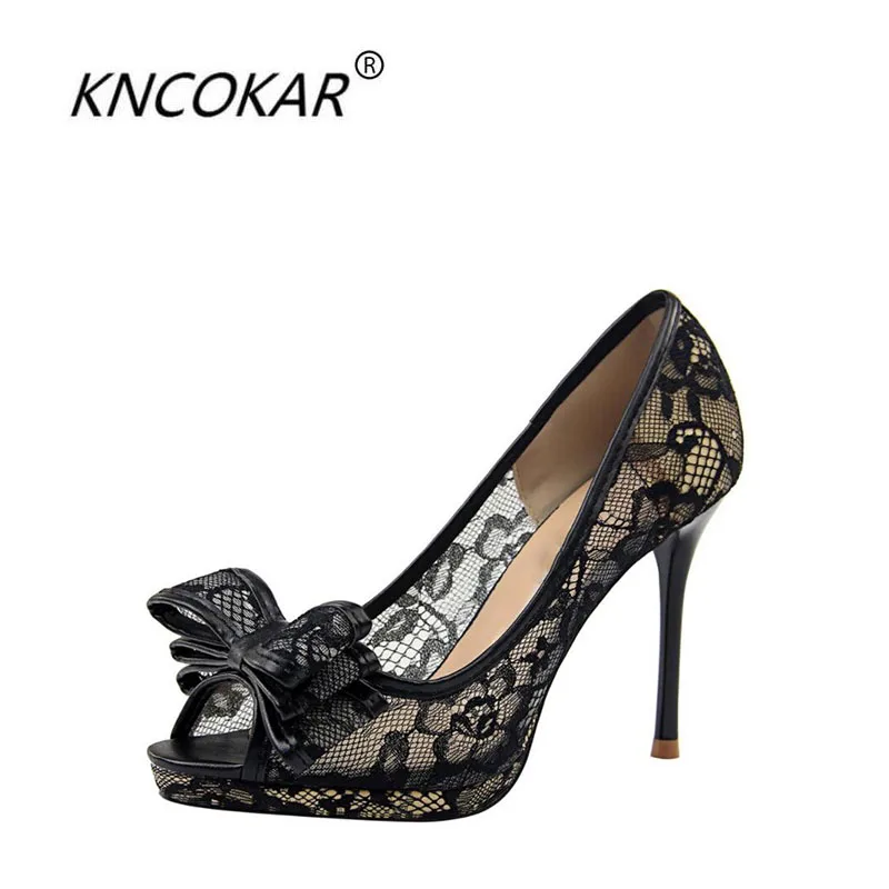 

KNCOKAR Summer new style sexy nightclub lace fine high heel shallow mouth fish mouth hollow mesh bowknot Lady sandals