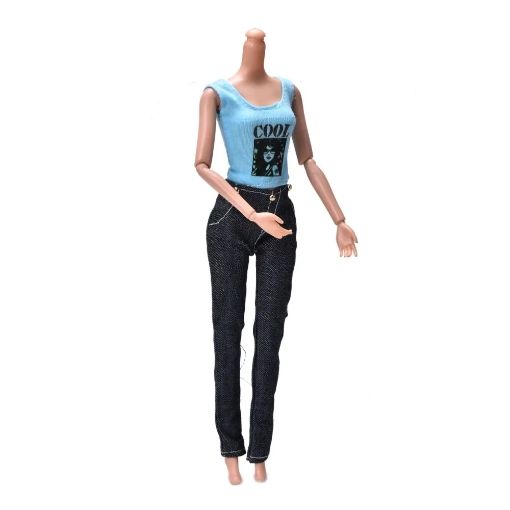 3 шт./компл. фиолетовый мех пальто синий жилет джинсы брюки костюм для куклы