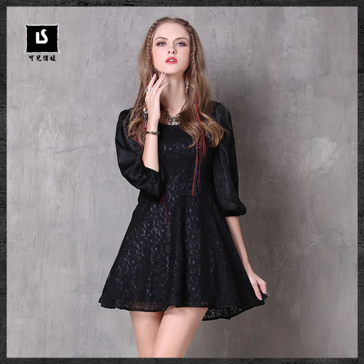 Качество Для женщин 2017 Осень Мода Кружево ретро платье рукав Vestido мини Винтажные