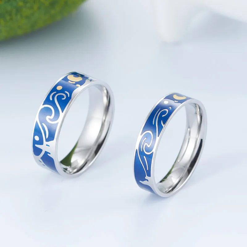 Romantic Van Gogh's Starry Sky Moon Couple Rings Stainless Steel Oil Painting for Women Men Valentine's Day Gifts | Украшения и