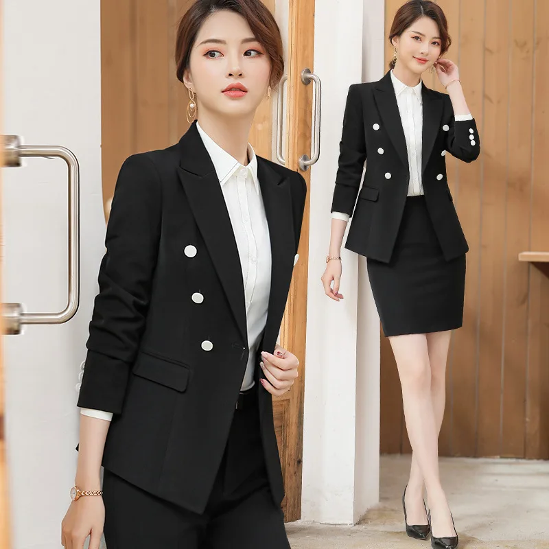 Женский двубортный пиджак однотонный офисный костюм из двух предметов с длинным