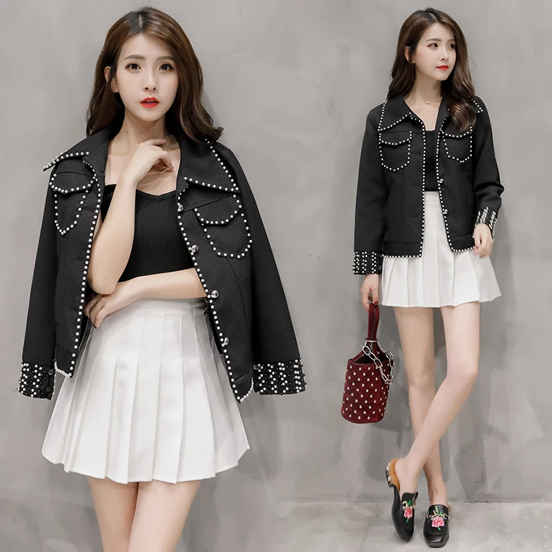 

Женская твидовая куртка, черная приталенная куртка с бисером, на весну и осень, 2018