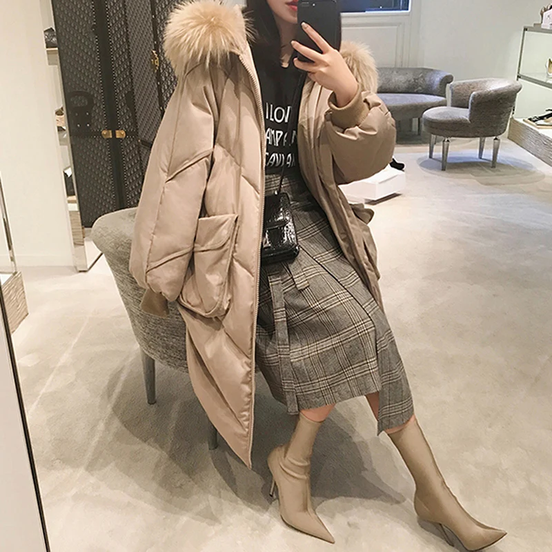 

Пальто женское из хлопка, длинное, теплое, плотное, с меховым воротником