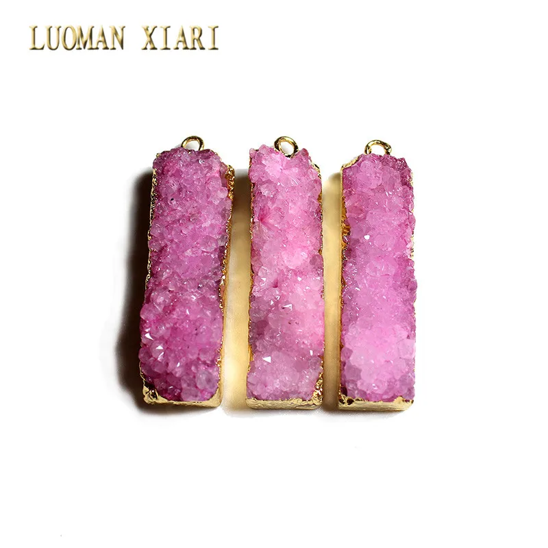 pink Уникальный 7 цветов, прямоугольник, естественная Друза, кристалл, камень, кулон, неправильный геод, сделай сам, подходит для изготовления ювелирных изделий - Окраска металла: pink